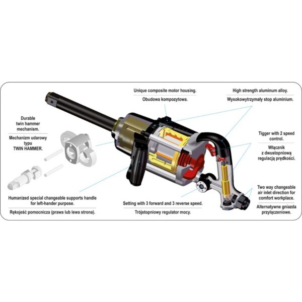 Õhumutrikeeraja 1″ 2700Nm 0,63MPa 255L/min 8,3kg Suruõhutööriistad